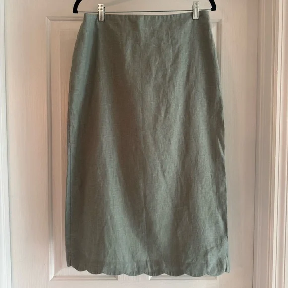 New w/o Tags Abercrombie & Fitch Premium Linen Scallop-Hem Midi Skirt MP Sage - Picture 2 of 5